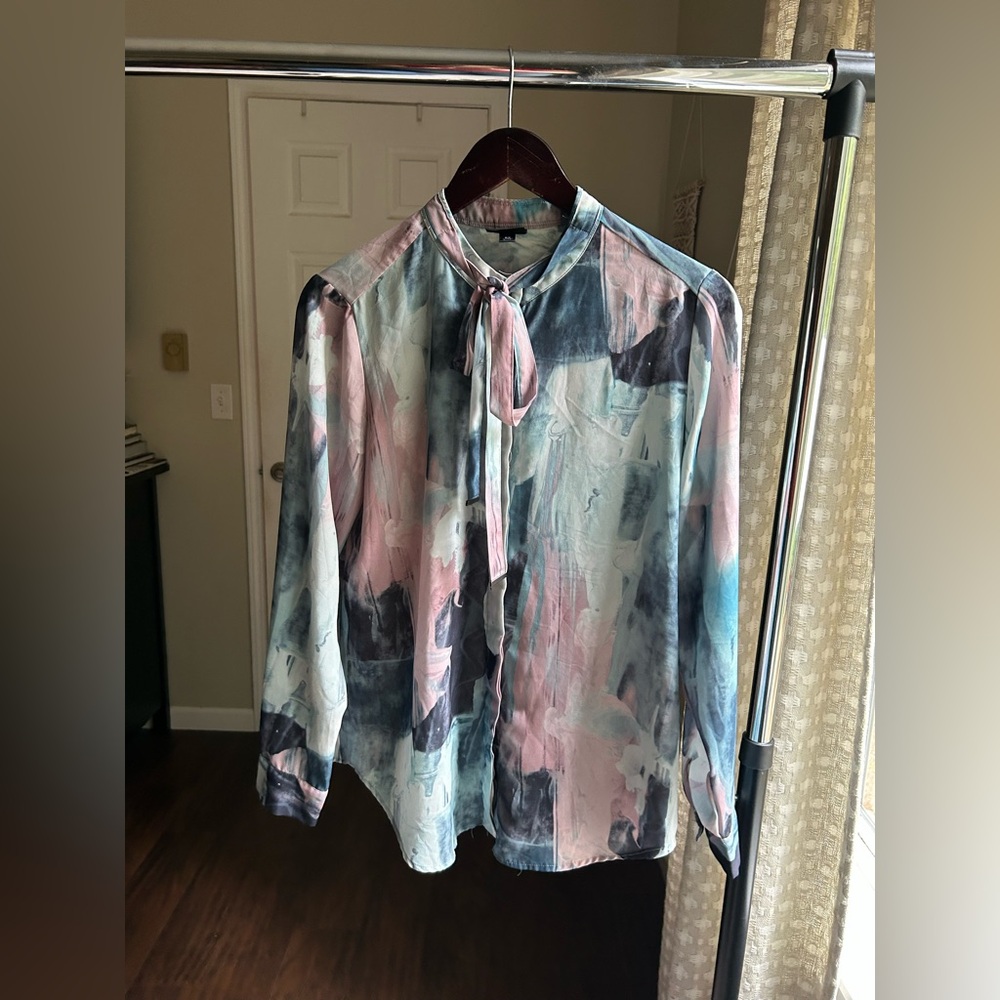 Mossimo Pink and Blue Watercolor Tie Neck Blouse